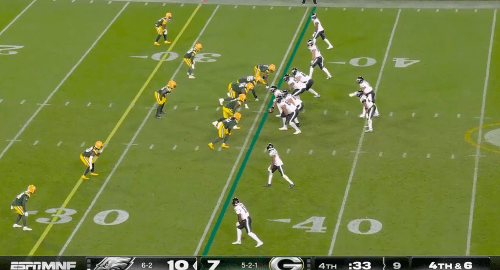 Football field with players on the line of scrimmage, showing game stats: Eagles 6-2 vs. Packers 5-2-1, 10-7 in favor of Eagles, 4th quarter, 33 seconds left, 4th and 6.